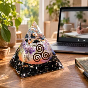 Pyramide Géobiologie OrgoNath devant un ordinateur évoquant une séance individuelle en visioconférence – décor généré avec l’aide de l’IA.
