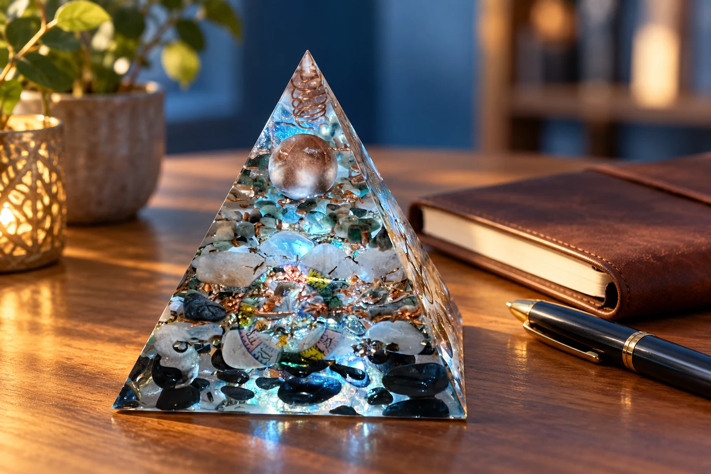 Pyramide Incarnation OrgoNath mise en scène près d’un carnet évoquant une réflexion sur ses choix. Pyramide réelle mise en scène dans un environnement généré par IA