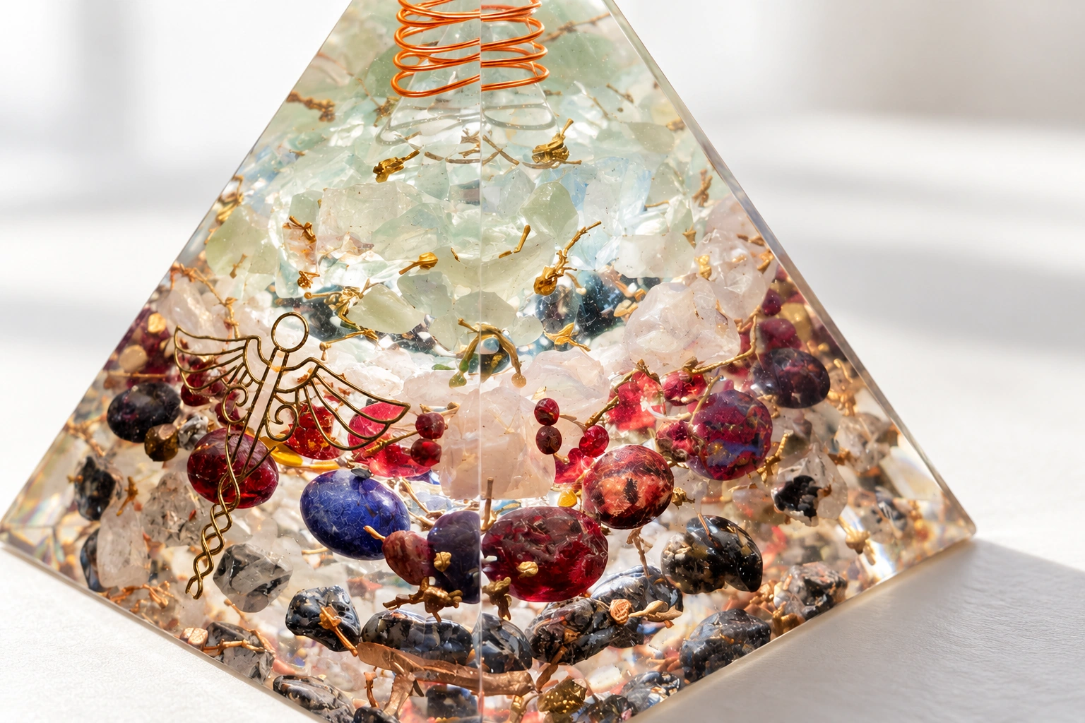 Pyramide orgonite OrgoNath montrant les accords entre les couleurs des pierres et les reflets des métaux
