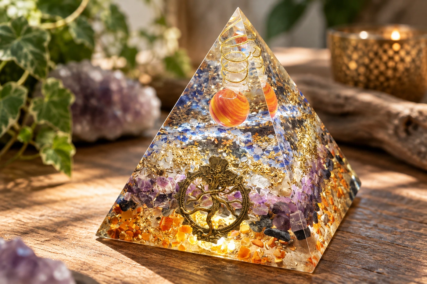 Pyramide orgonite composée de plusieurs pierres choisies autour d’une intention commune