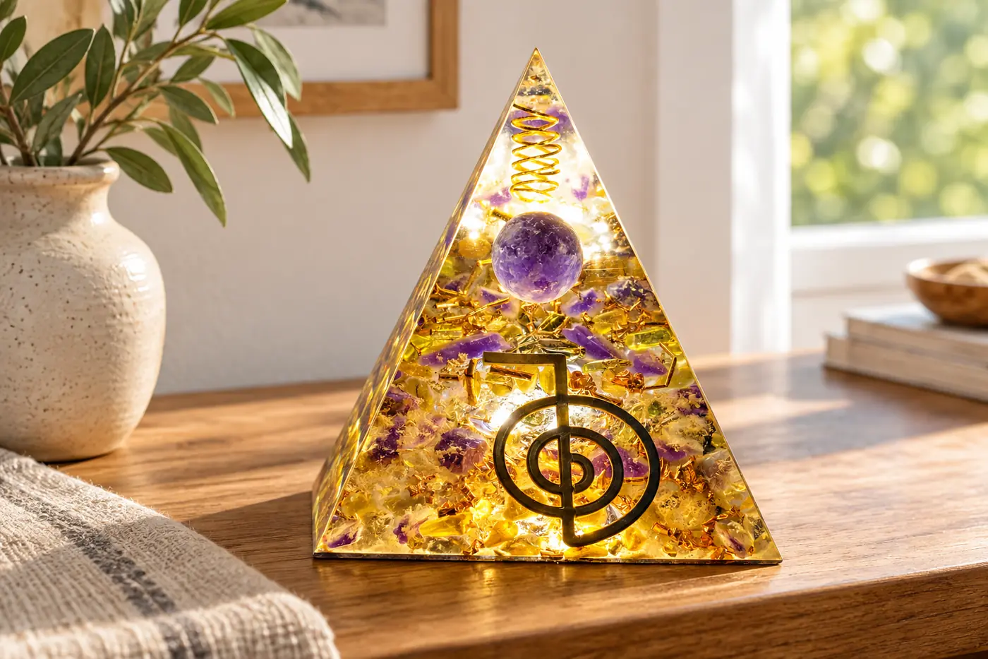Pyramide orgonite mise en valeur dans un espace harmonieux de la maison