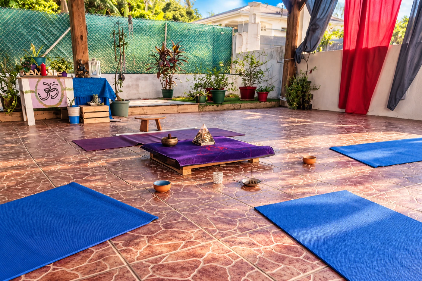 Pyramide orgonite placée à côté d’un tapis de yoga et d’un coussin de méditation