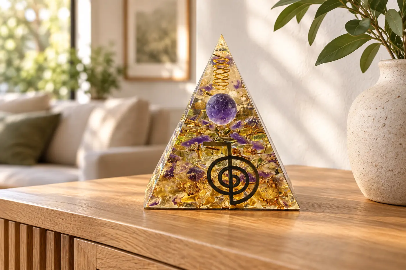 Pyramide orgonite placée dans un intérieur apaisant et lumineux