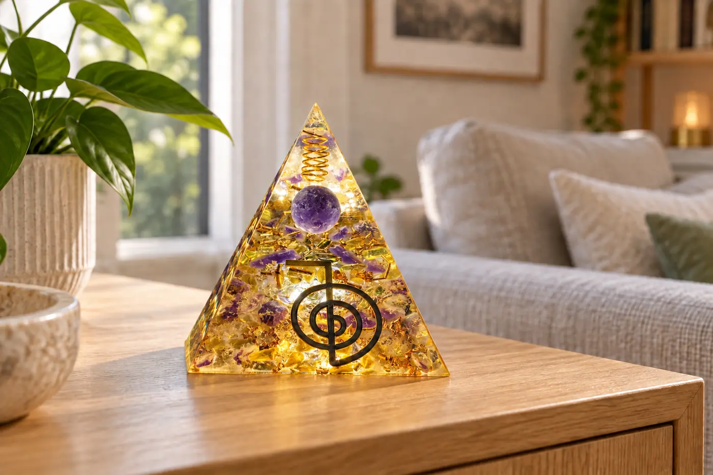 Pyramide orgonite dans une pièce de vie au décor doux et équilibré