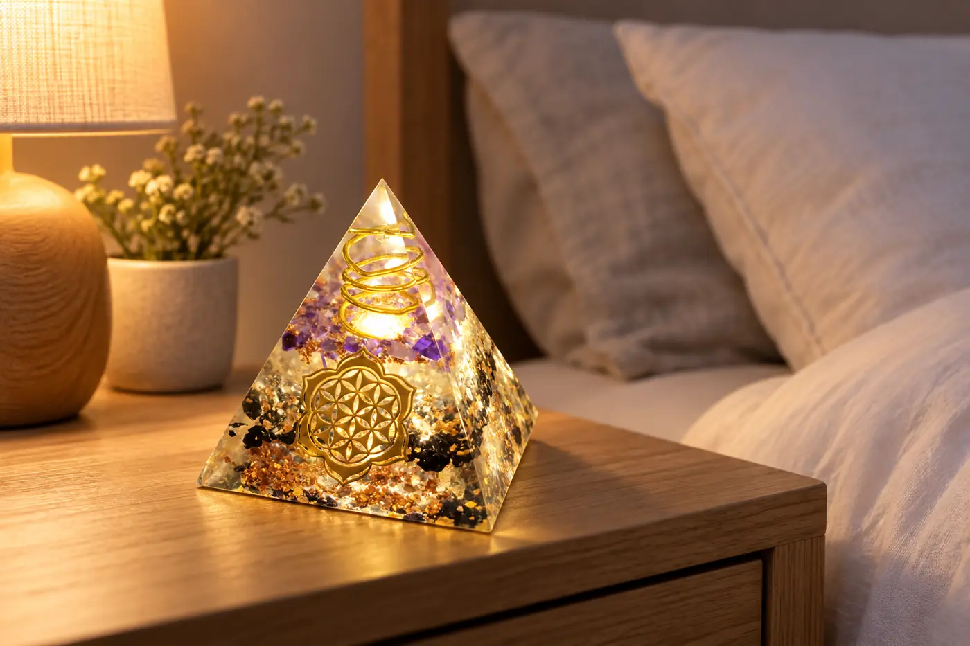 Pyramide orgonite sur une table de chevet dans une ambiance douce