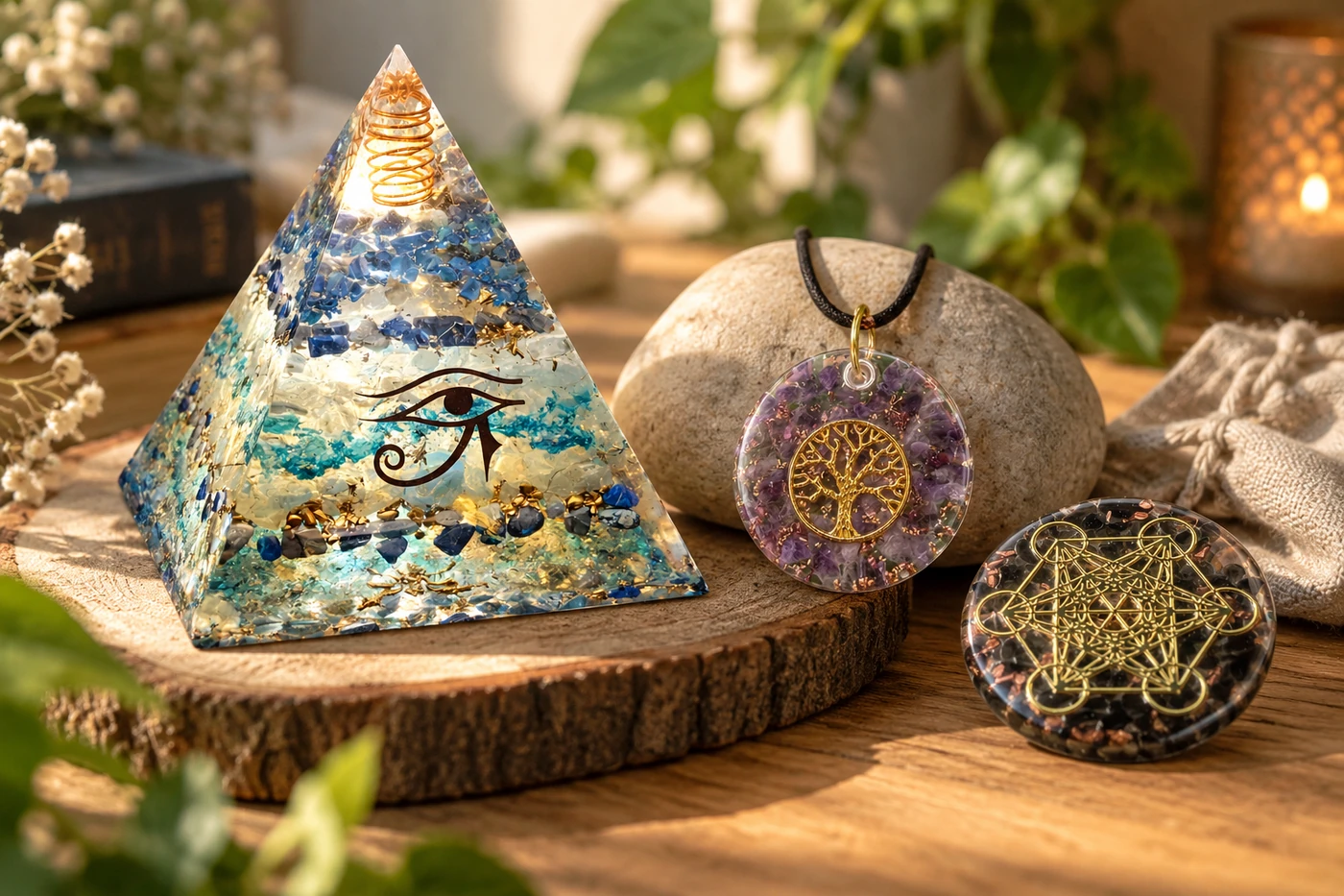 Pyramide orgonite, pendentif orgonite et orgonite de poche dans une composition apaisante