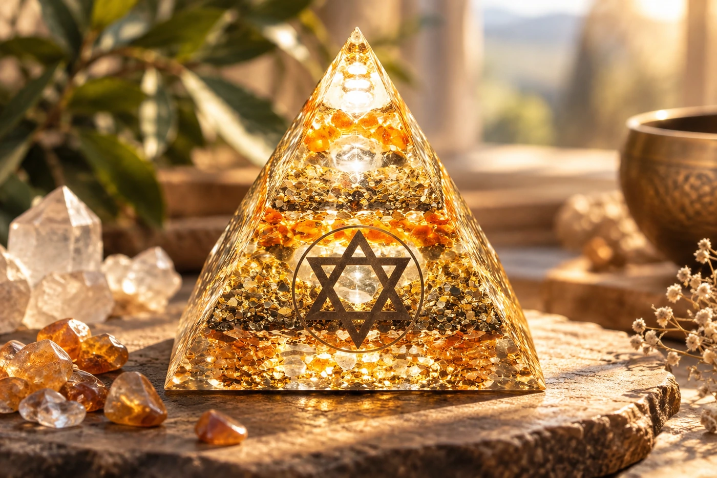 Pyramide artisanale inspirée de la géométrie sacrée et des pierres