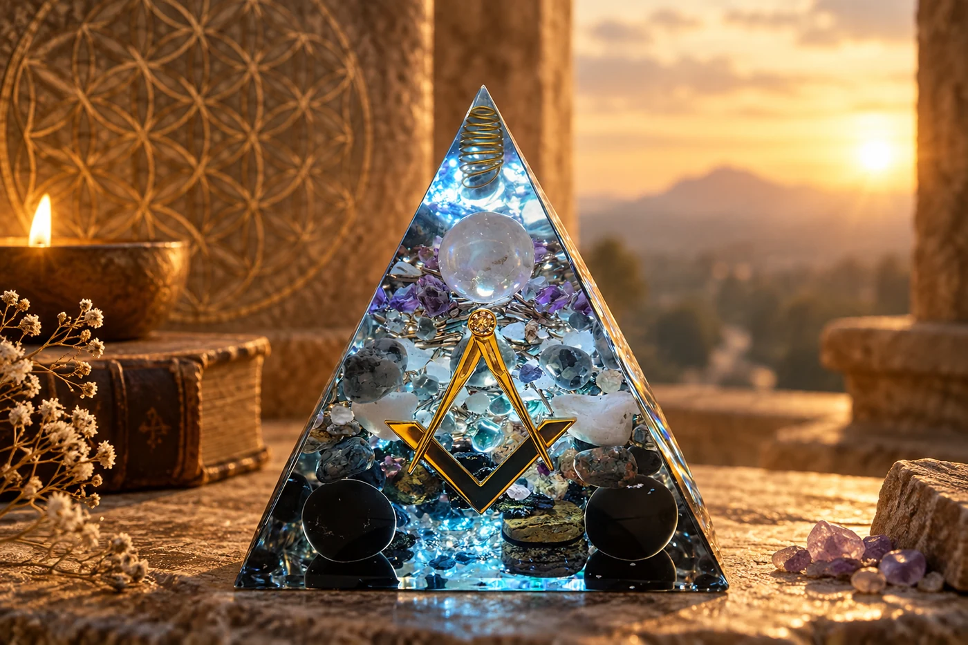 Pyramide symbolique dans une ambiance sacrée et apaisante