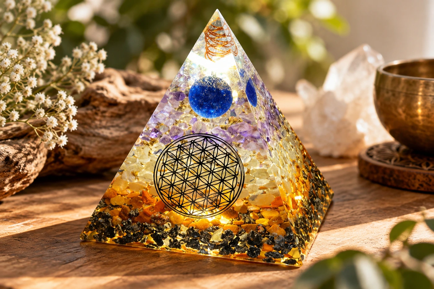 Pyramide OrgoNath terminée mise en valeur dans une ambiance douce et artisanale