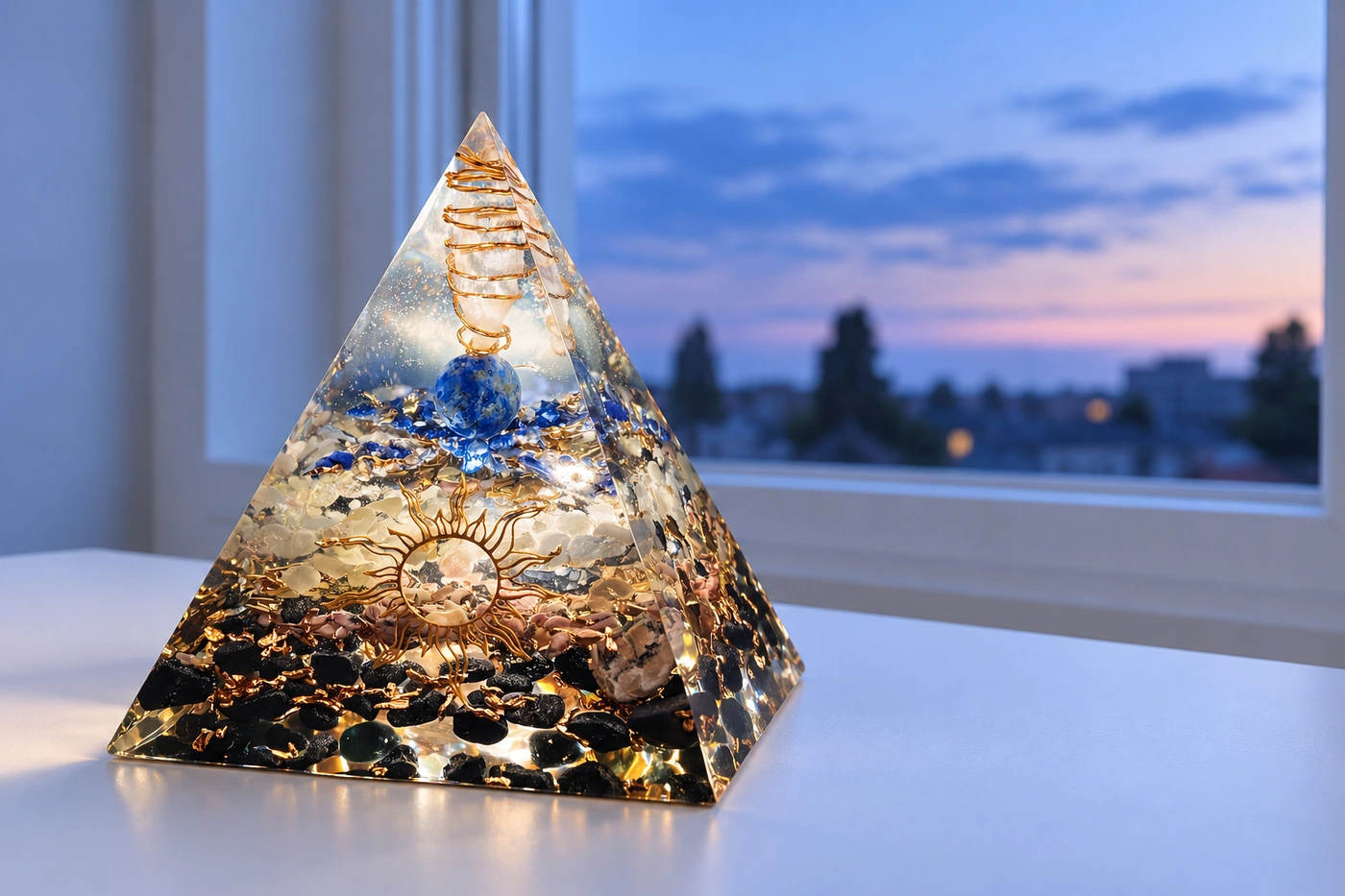 Pyramide orgonite personnalisée OrgoNath placée à l’intérieur près d’une fenêtre au crépuscule. Pyramide réelle mise en scène dans un environnement généré par IA.