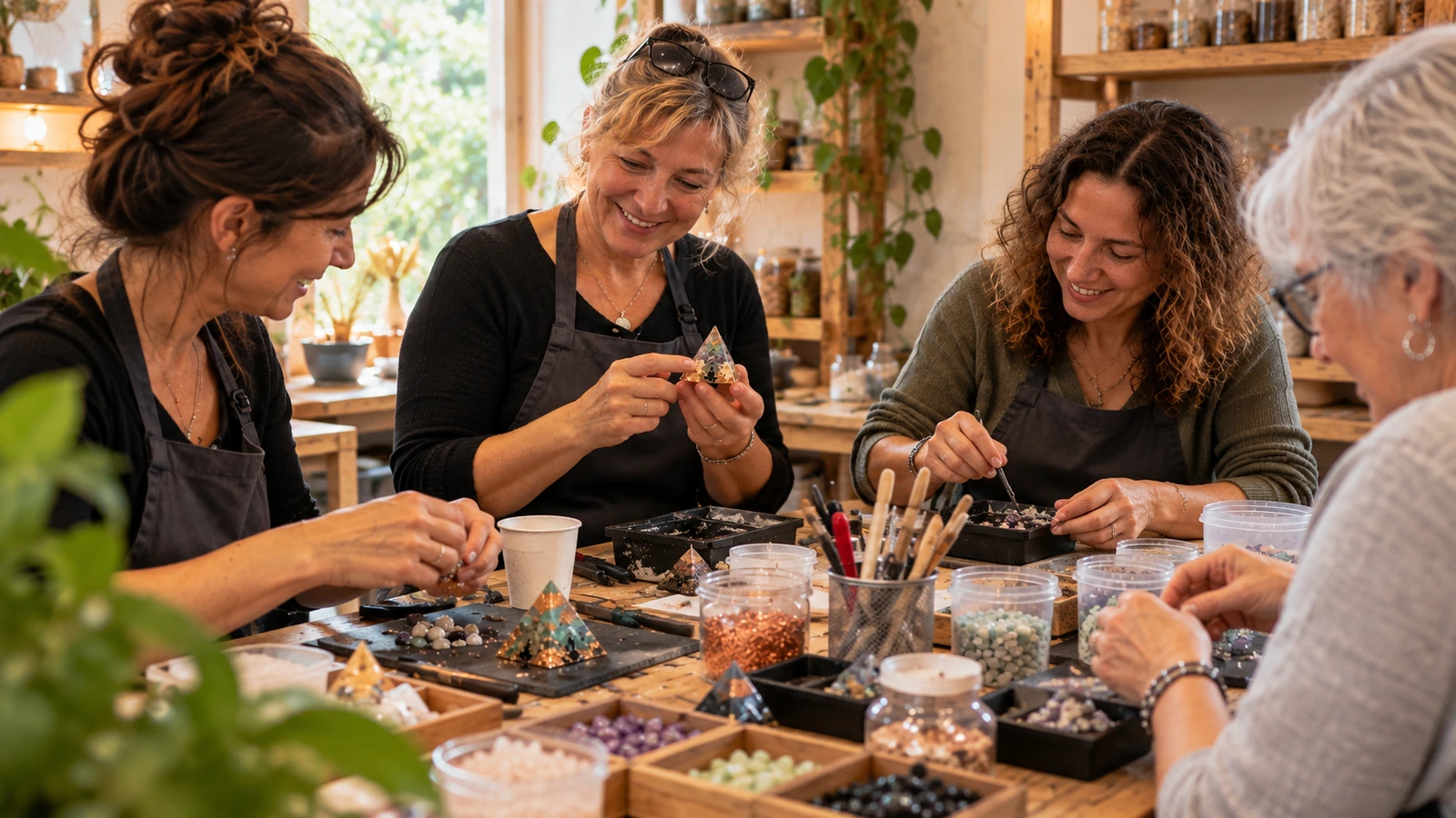 Participants réunis autour d’une table lors d’un atelier de création d’orgonites, illustrant les retours d’expérience et la convivialité. Image générée par IA.