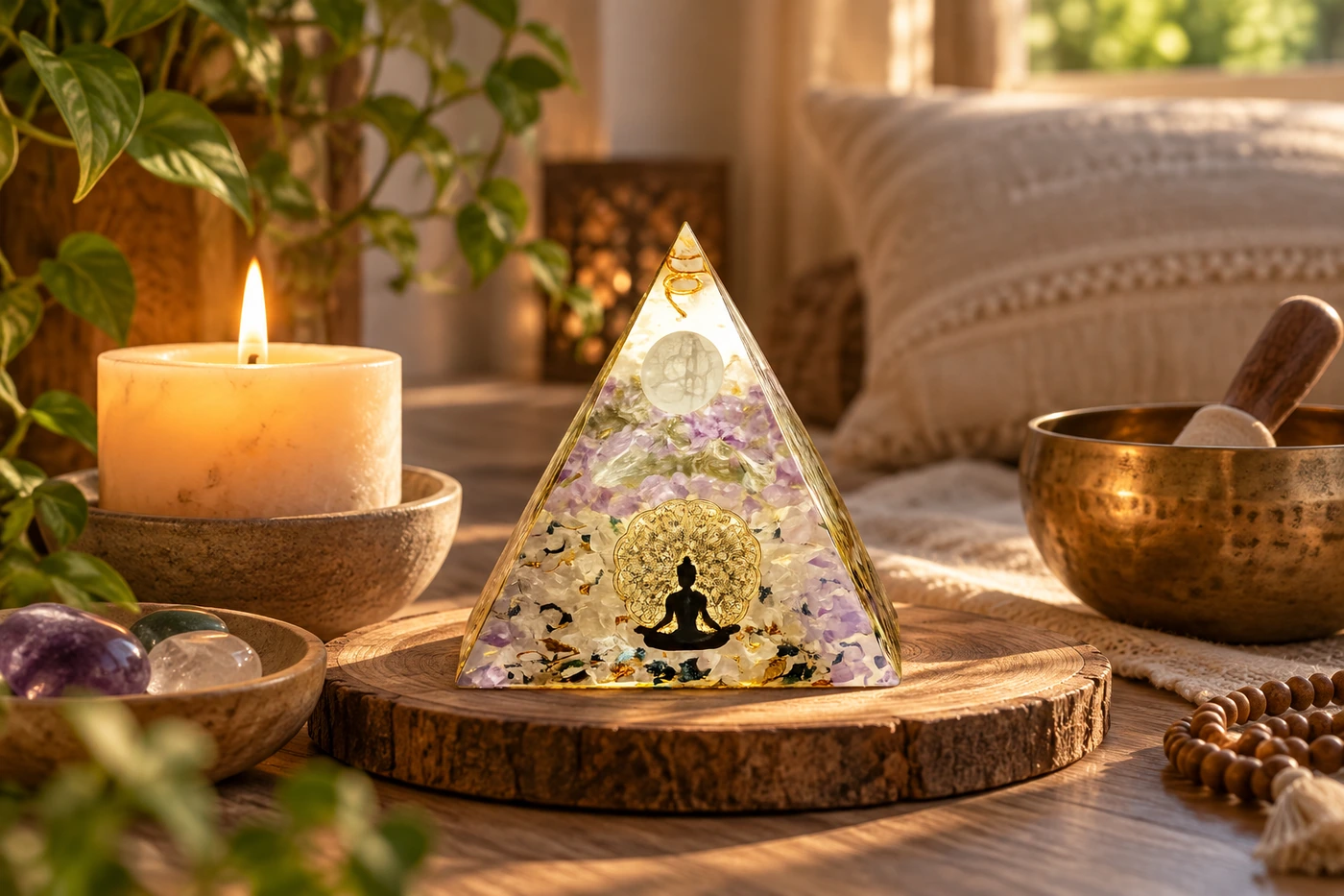 Créer un rituel apaisant avec orgonite Espace méditatif avec orgonite, bougie et ambiance douce