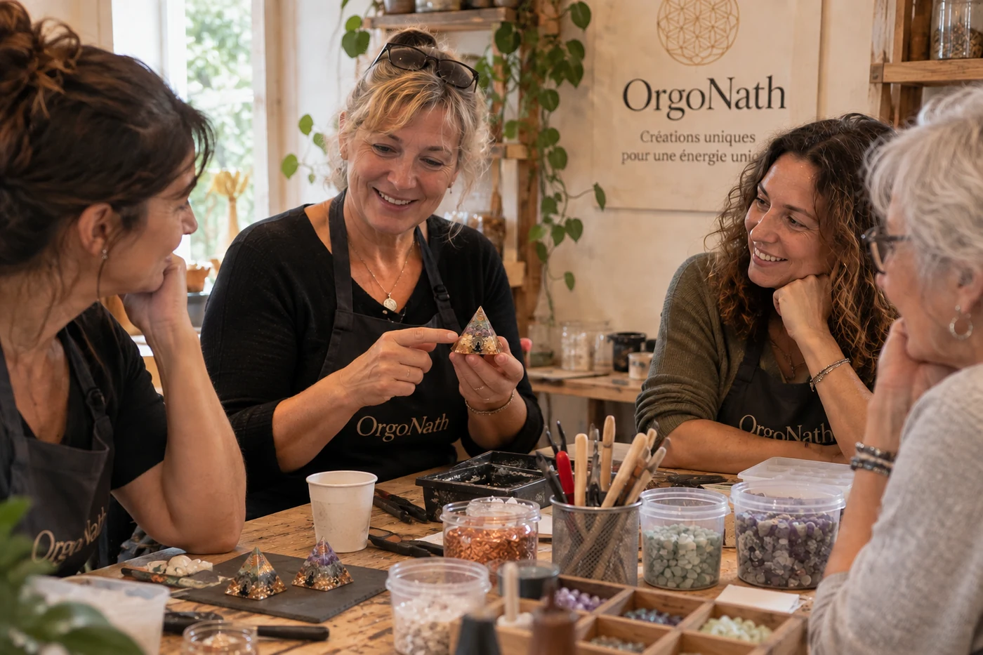 Participants partageant un retour d’expérience dans un atelier orgonite