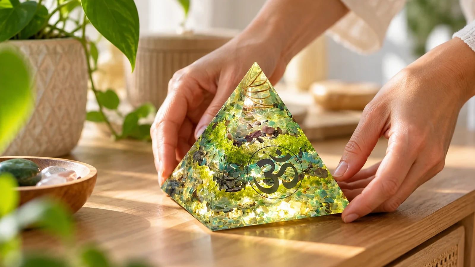 Mains plaçant une pyramide orgonite dans un espace de vie. Pyramide réelle dans un environnement généré par IA