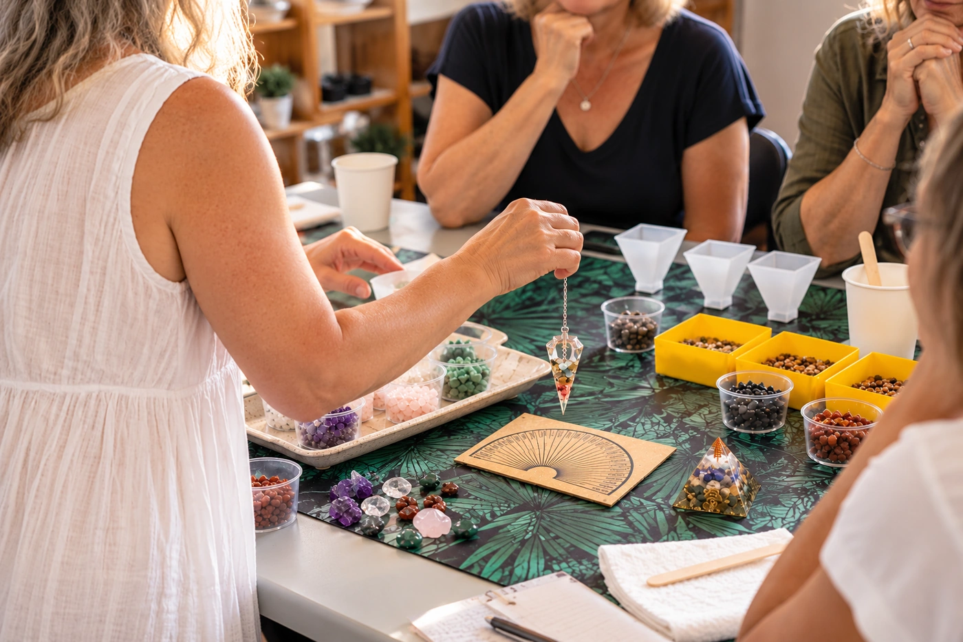 Claire Brun accompagne la découverte du pendule lors d’un atelier Orgonites et Intuition