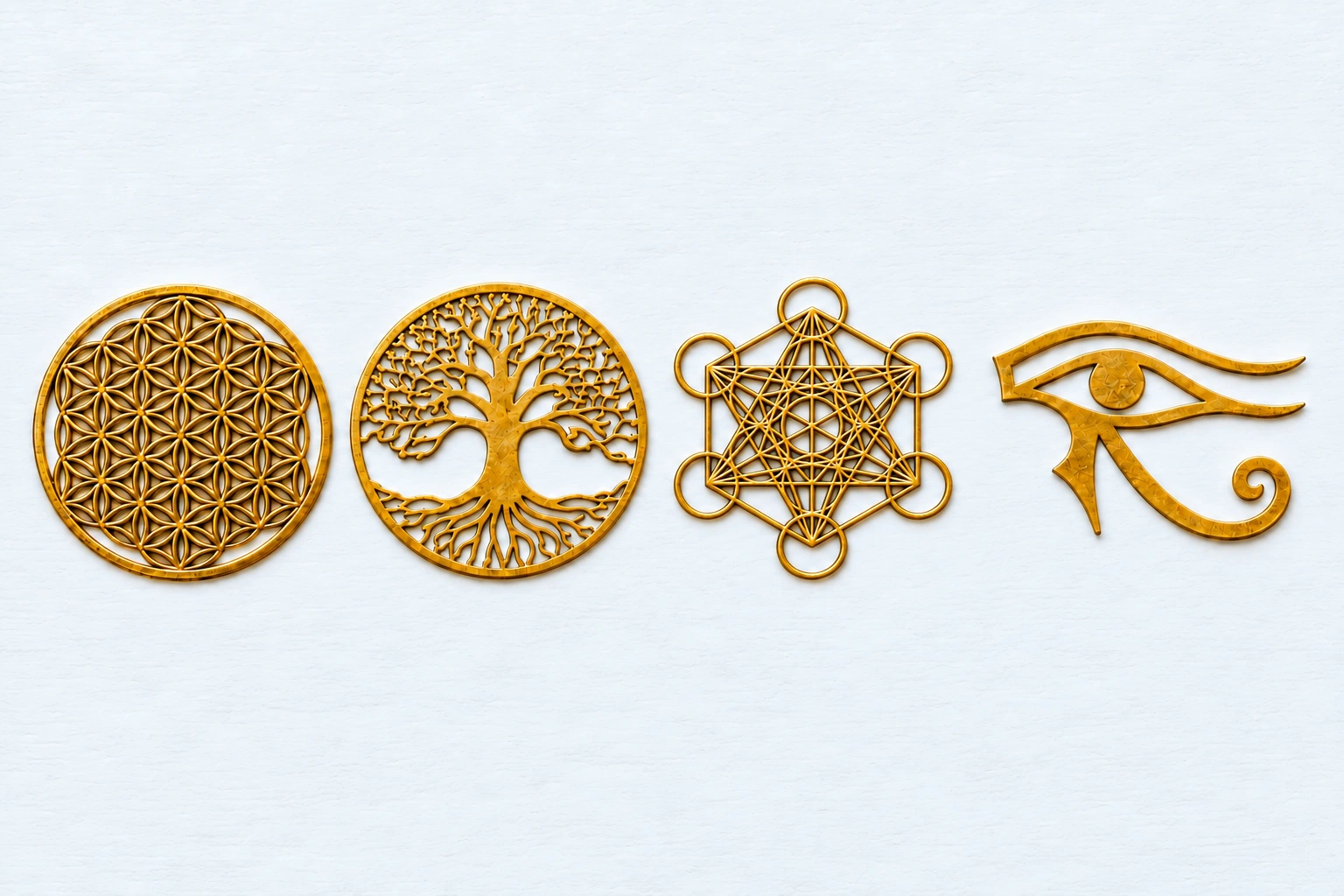 Fleur de vie, arbre de vie, cube de Métatron et œil d’Horus présentés côte à côte