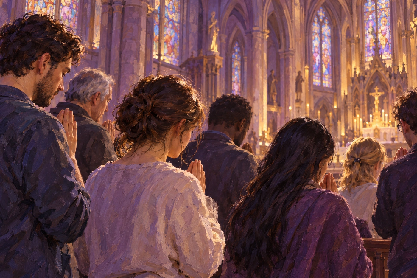 Personnes recueillies dans une cathédrale autour d’une prière commune, illustrant la notion d’égrégore spirituel. Illustration générée par IA.