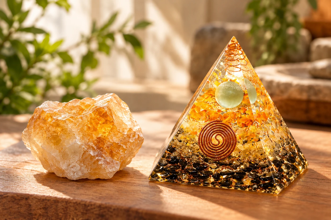 lithothérapie et orgonite : une pierre brute et une orgonite composées différemment
