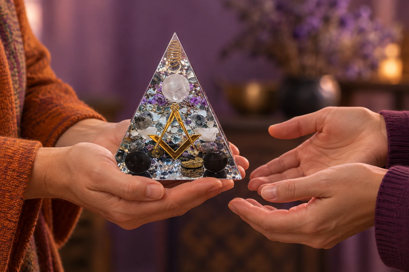 Mains offrant une pyramide orgonite OrgoNath à une autre personne, pour symboliser un vœu de bienveillance. Pyramide réelle mise en scène dans un environnement généré par IA.