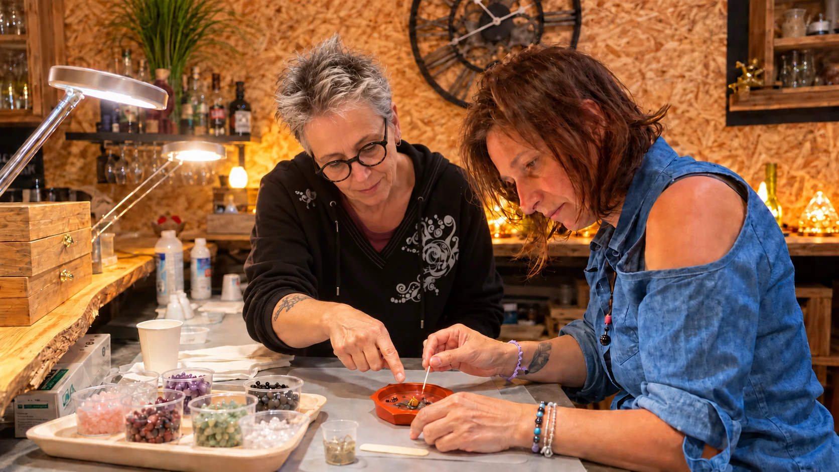 Nathalie accompagne une participante en atelier OrgoNath Nathalie conseille une participante qui compose une orgonite dans l’atelier OrgoNath, avec de petits fragments de pierres séparés par type. Image réalisée avec l’aide de l’IA à partir de photographies réelles.