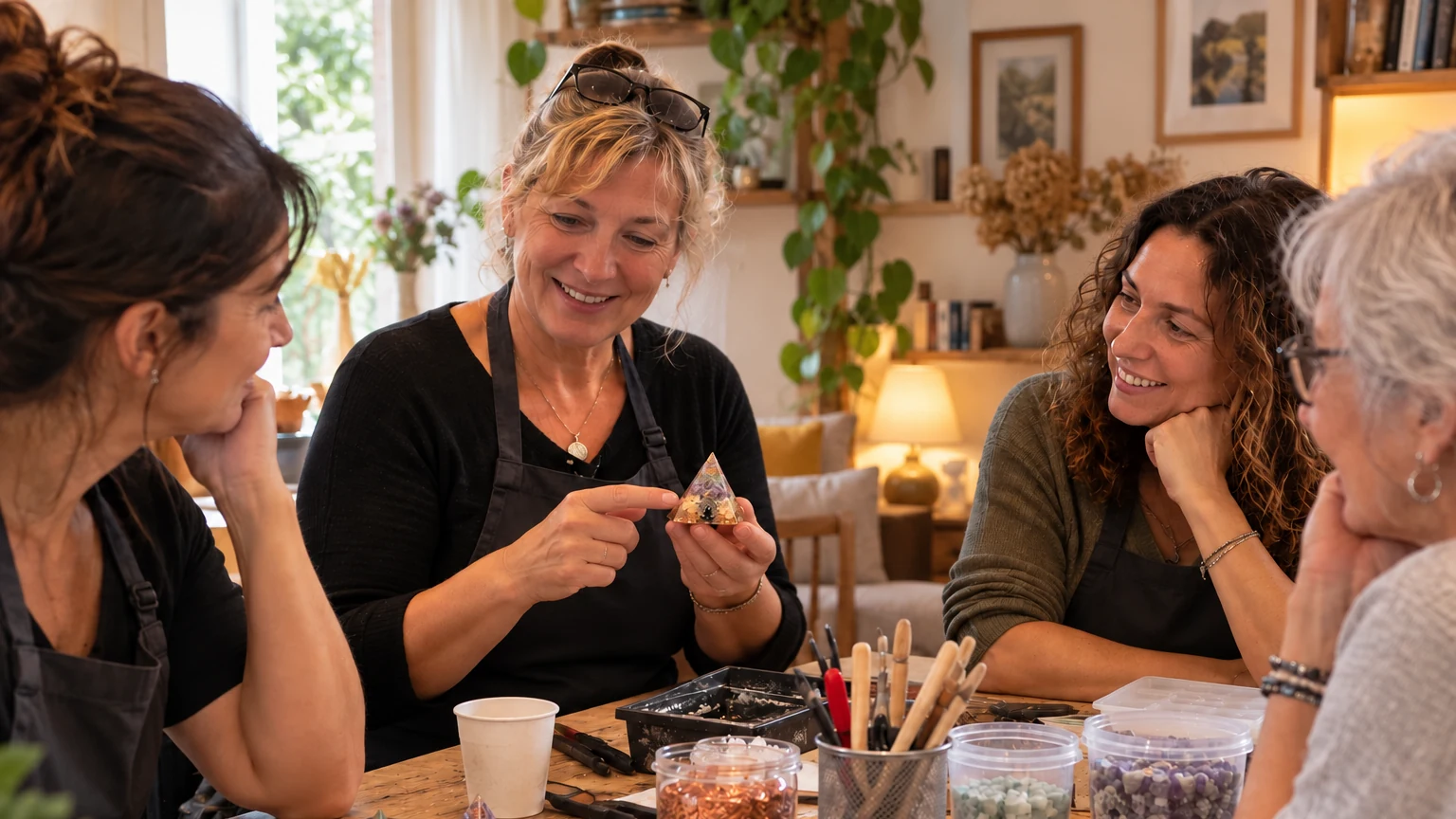 Atelier Initiation organisé chez vous Nathalie conseille une participante qui compose une orgonite dans l’atelier OrgoNath, avec de petits fragments de pierres séparés par type. Image réalisée avec l’aide de l’IA à partir de photographies réelles.