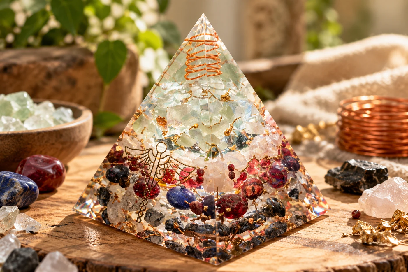 orgonite composée de minéraux, de résine et de métaux dans une forme harmonieuse