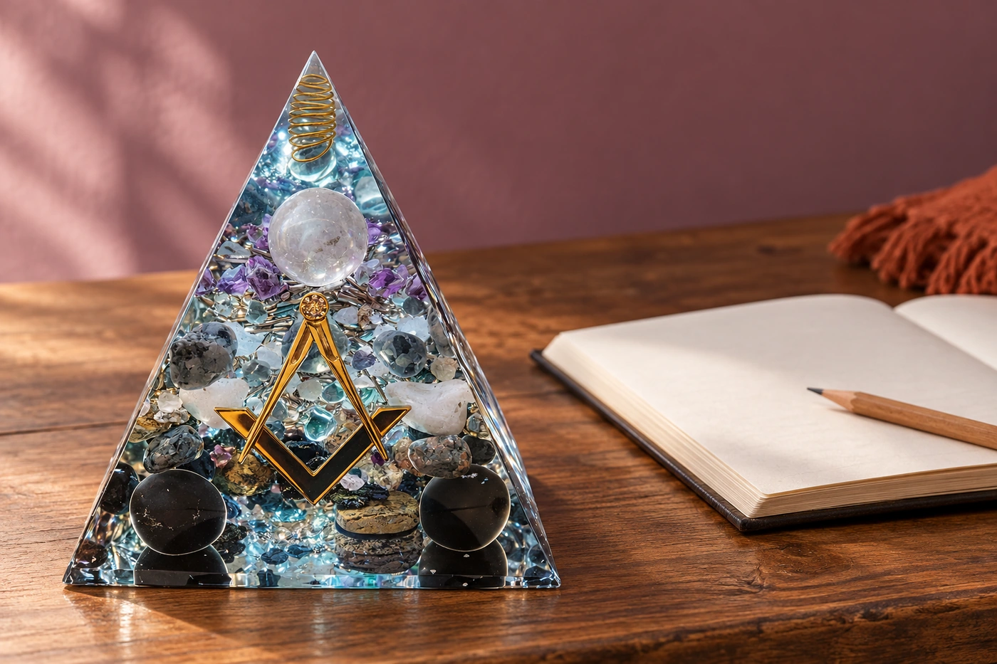 Pyramide orgonite OrgoNath près d’un carnet ouvert et d’un crayon, évoquant la formulation d’une intention personnelle. Pyramide réelle mise en scène dans un environnement généré par IA.